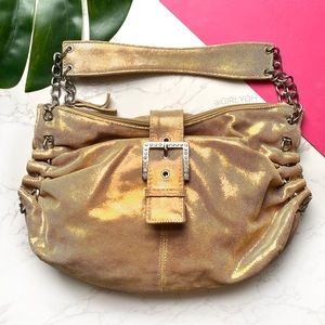 Pietro Alessandro Gold Shimmer Chain Rhinestone Buckle Slouchy Hobo Bag Purse